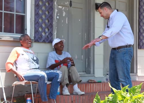 U.S. Senate candidate Josh Pellerin speaks with voters in a video produced by his campaign. (via YouTube)