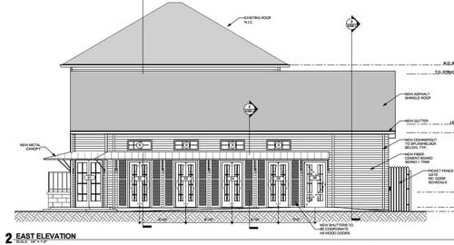 The new canopy and French doors are visible in this drawing of the rebuilt VFW hall on Lyons Street. (via City of New Orleans)