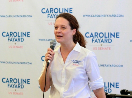 U.S. Senate candidate Caroline Fayard speaks at a rally at Urban South Brewing on Tchoupitoulas Street on Saturday. (Robert Morris, UptownMessenger.com)