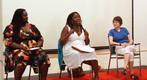 Mandisa Moore-O'Neal of Black Youth Project 100, Ursula Price of the NOPD Independent Police Monitor's office, and Marjorie Esman of the state chapter of the American Civil Liberties Union discuss issues of police militarization at the Green Party state convention Saturday. (Robert Morris, UptownMessenger.com)