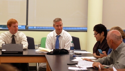Ben Kleban (center) discusses his plans for his remaining months at New Orleans College Prep with members of the administration and board at a meeting on Thursday afternoon. (Robert Morris, UptownMessenger.com)