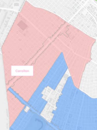 The boundaries of the proposed Carrollton historic district are in pink. (via City of New Orleans)