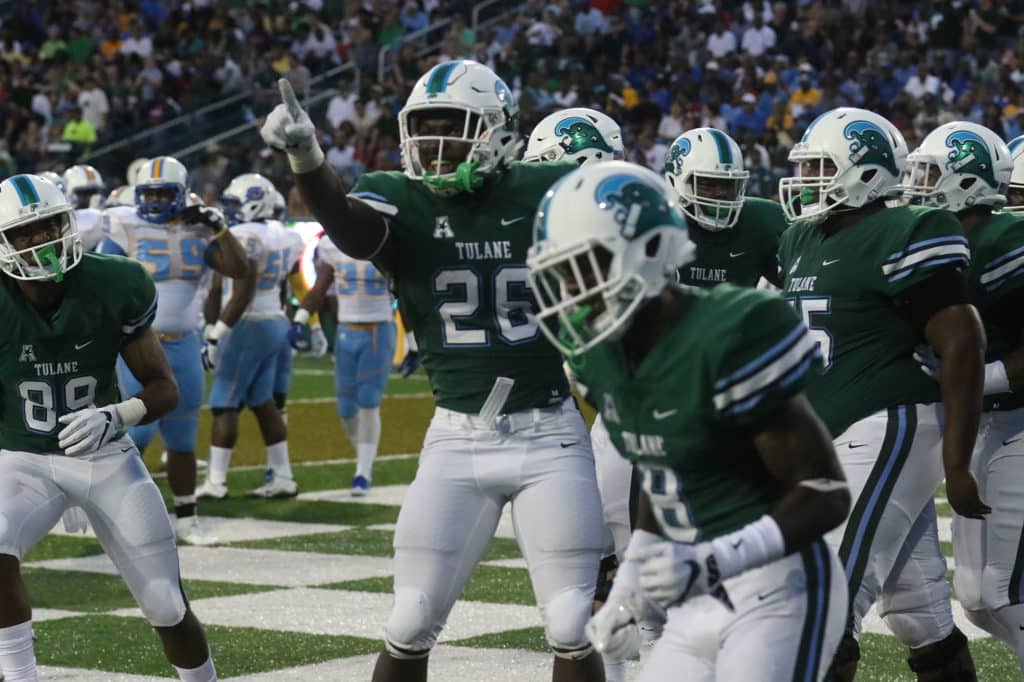 Tulane running back Dontrell Hilliard celebrates Tulane's first touchdown in the first quarter against Southern University. Tulane defeated Southern University 66 to 21 at their home opener at Yulman Stadium. (Zach Brien, UptownMessenger.com)