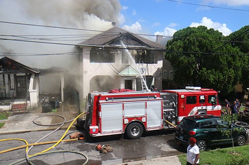 A fire is underway on the 4220 block of S. Rocheblave in Broadmoor. It is a 3-alarm fire and has consumed 2 homes on the block. (Zach Brien, UptownMessenger.com)