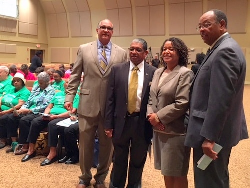 Moderator Jeff Thomas (left), Council on Aging leader Howard Rodgers, Independent Police Monitor Susan Hutson and Assessor Errol Williams pose for a photo at the recent senior caucus. (Danae Columbus for UptownMessenger.com)