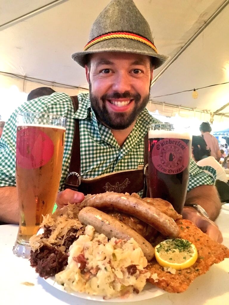 Matt Eckenhoff enjoying a German feast of Schnitzel, Bratwurst, German Pototo Salad, Braised Red Cabbage, Sauerkraut, and Lager. (Kristine Froeba)