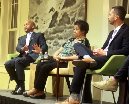 RTA manager Justin Augustine (from left), transit advocate Pamela Legge, and RIDE New Orleans executive director Alex Posorske speak Tuesday night at Tulane Hillel as part of a panel discussion on public transit. (Robert Morris, UptownMessenger.com)
