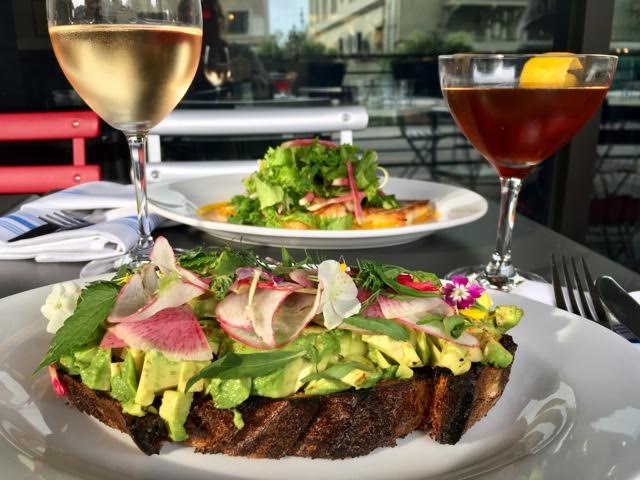 Avocado Toast on Grilled Bread with Watermelon Relish and Calabrian Chili Salt; Pan Seared Fish in Carrot-Ginger Emulsion with Watermelon Relish and Mustard greens (Kristine Froeba)