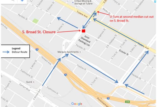 The first phase of lane closures on Soutjh Broad Street is expected to detour traffic around the Gravier Street intersection until Tuesday, Nov. 15. (map via City of New Orleans)